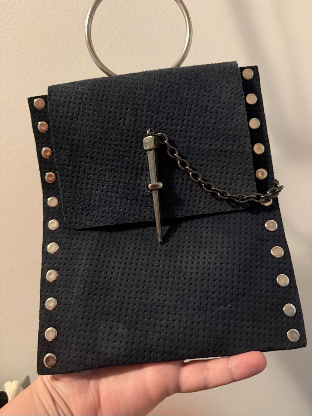 Black Mini Ring-Handle Studded Crossbody Bag